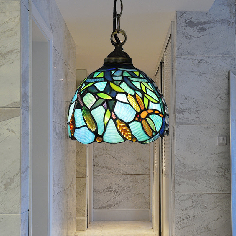 Aqua Hand-Cut Glass Dragonfly Pendant Light - Mediterranean Domed Hanging Lamp