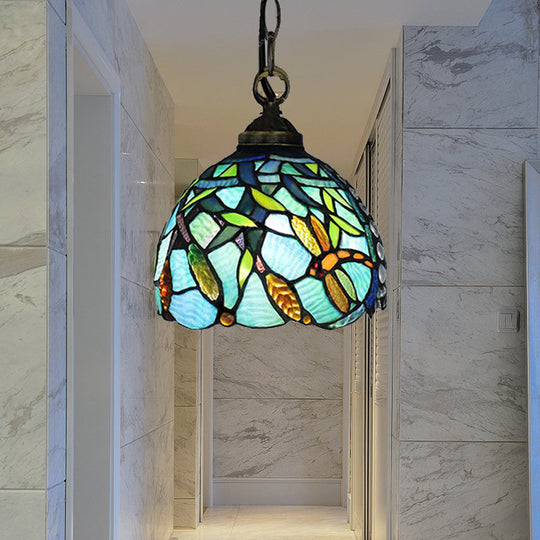 Aqua Hand-Cut Glass Dragonfly Pendant Light - Mediterranean Domed Hanging Lamp
