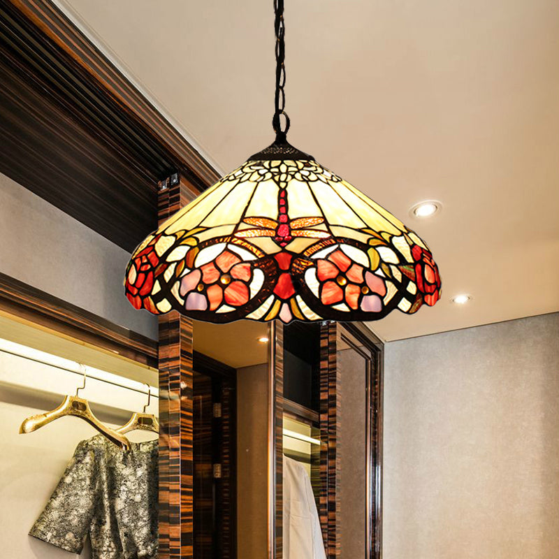 Baroque Beige Stained Glass Pendant Light With Cone Shade
