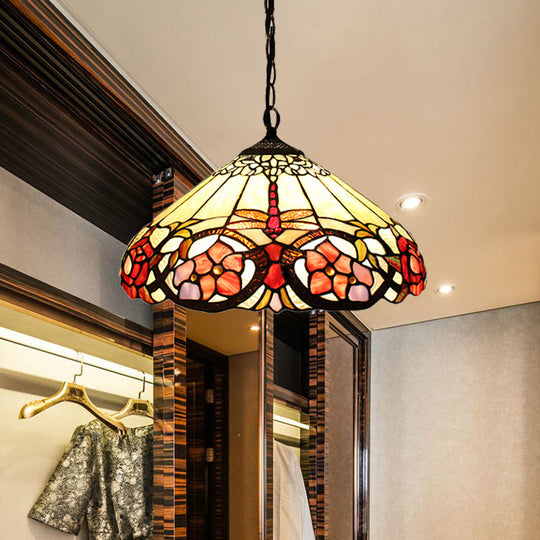 Baroque Beige Stained Glass Pendant Light With Cone Shade