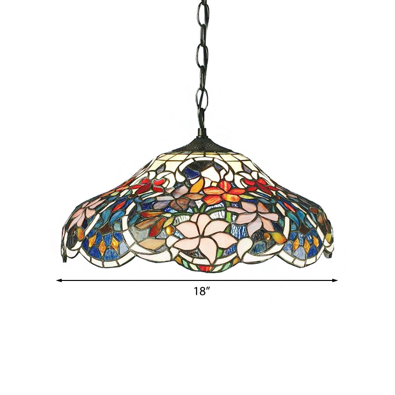 Tiffany-Style Stained Glass Floral Hanging Light - Black Pendant Fixture With Adjustable Chain