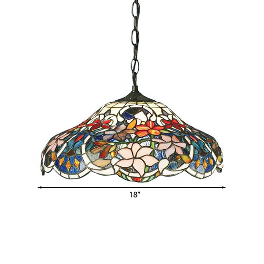 Tiffany-Style Stained Glass Floral Hanging Light - Black Pendant Fixture With Adjustable Chain