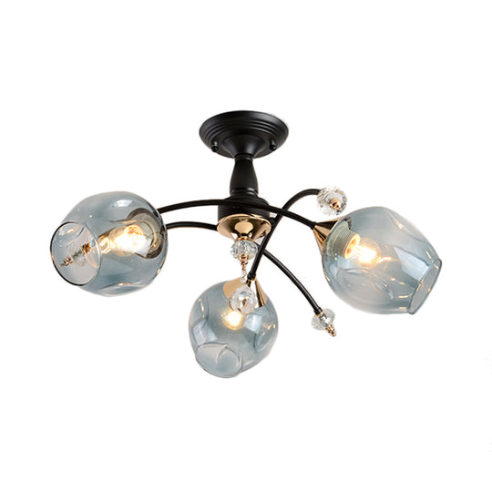 Semi Flush Mount Bedroom Light With Amber/Blue Glass Shade - Modernist Black Led Ceiling Fixture
