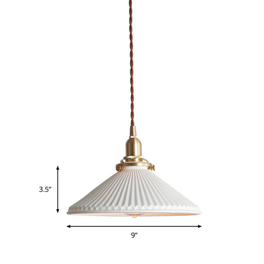 Ridged Cone Dining Room Pendant Light Ceramics 1 Simple Style Lamp In White Lighting