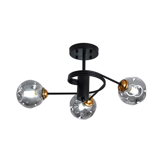 Sleek Black Modernist Semi-Flush Ceiling Light With Amber/Smoke Dimpled Glass Shades - Perfect For