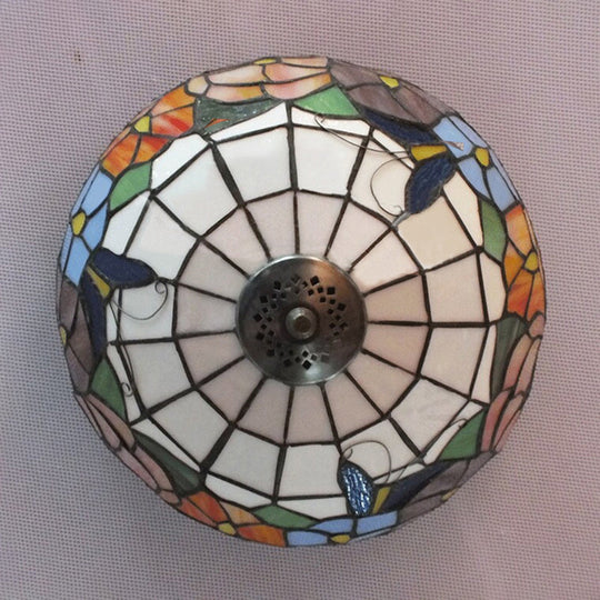 Tiffany Stained Glass Flush Mount Lighting With Flower And Butterfly Pattern In White - Bowl Shade