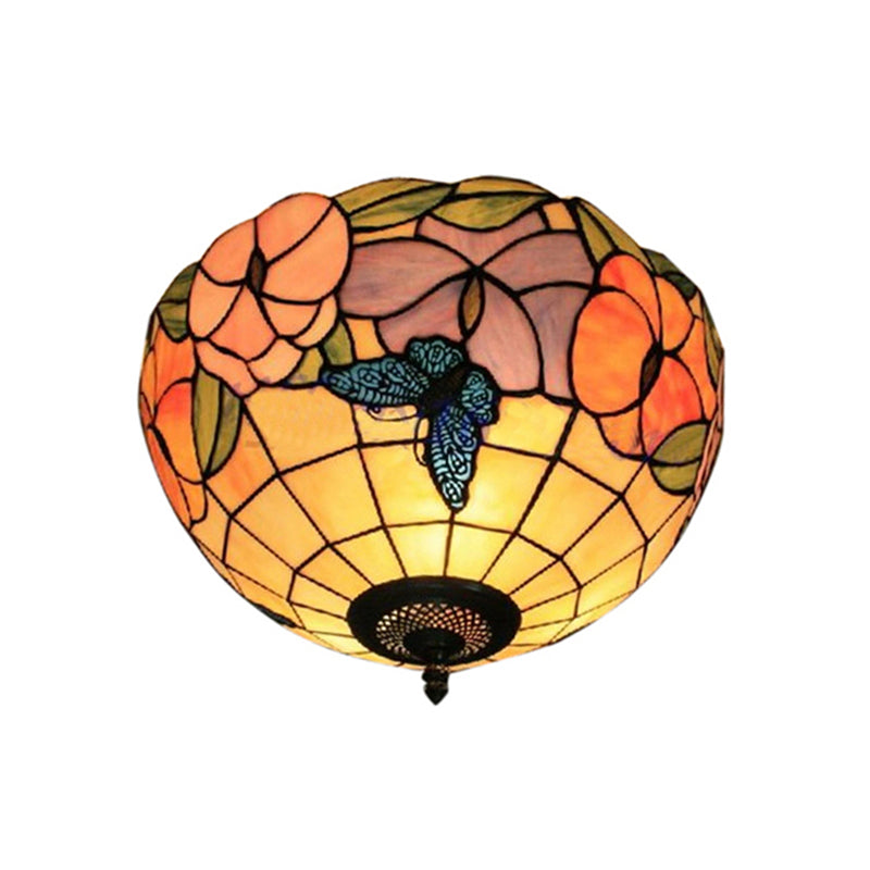 Tiffany Stained Glass Flush Mount Lighting With Flower And Butterfly Pattern In White - Bowl Shade