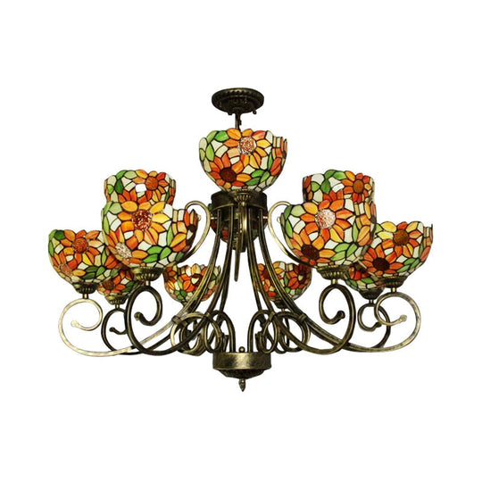 Sunflower Stained Glass Chandelier - Exquisite Tiffany Suspension Light In Antique Bronze | Ideal