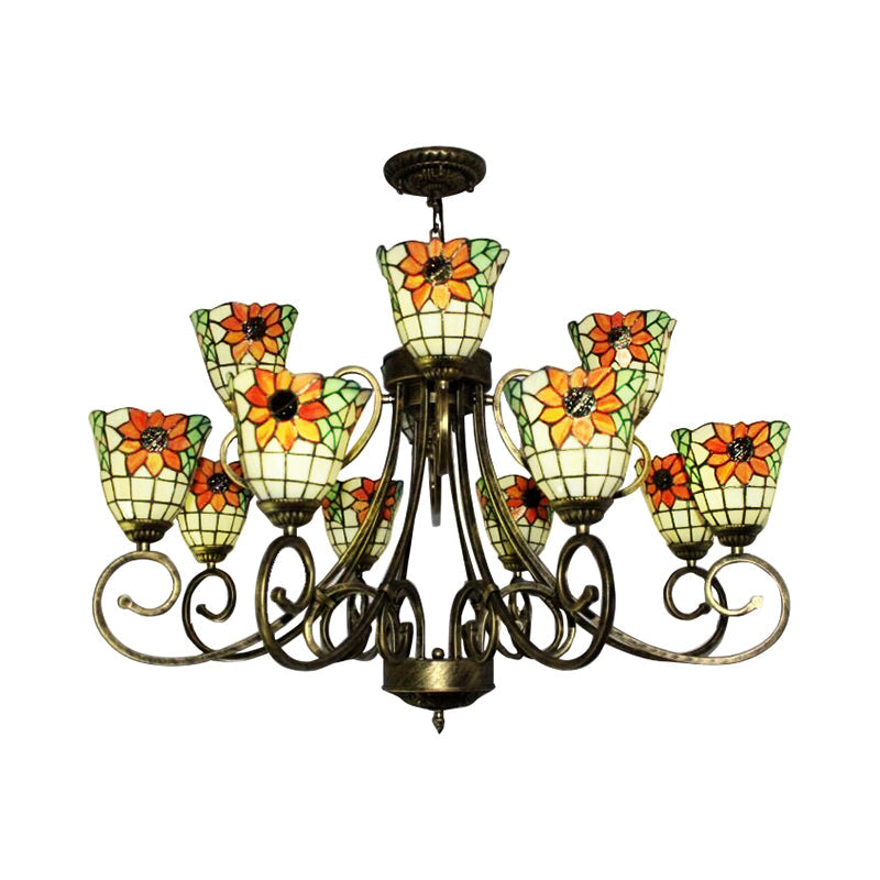 Sunflower Stained Glass Chandelier - Exquisite Tiffany Suspension Light In Antique Bronze | Ideal