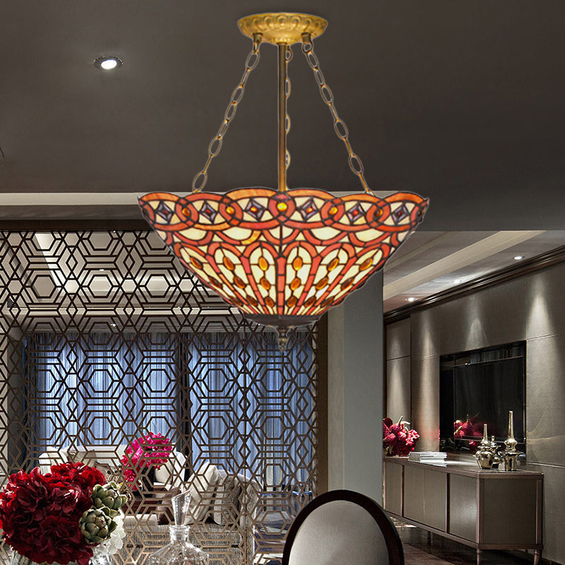 Vintage Tiffany Stained Glass Chandelier With Brass Finish - Perfect For Dining Table / Fish Tail