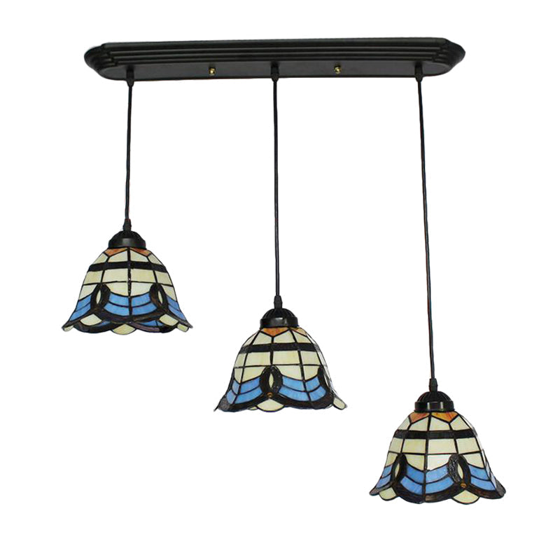 Tiffany Victorian Bell Shade Stained Glass Pendant Light - Blue 3 Heads Hotel Style