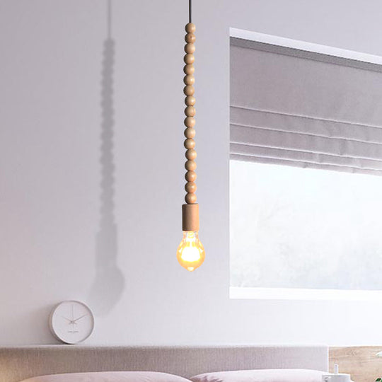 Japanese Style Bare Bulb Hanging Lamp - Wooden Deco Single Light Pendant In Beige Ideal For Kitchen