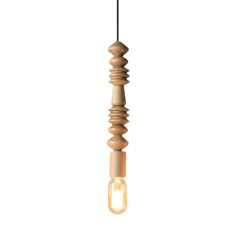 Japanese Style Bare Bulb Hanging Lamp - Wooden Deco Single Light Pendant In Beige Ideal For Kitchen