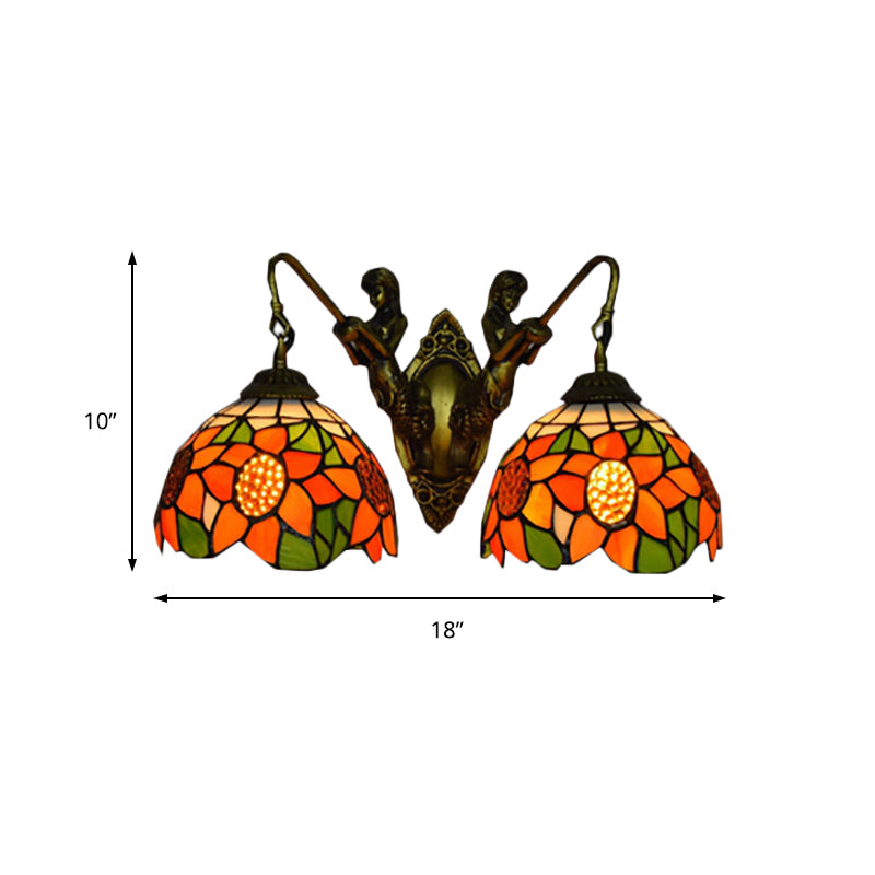 Tiffany Orange Glass Sunflower Wall Lamp With 2 Heads - Bronze Sconce Light For Bedroom