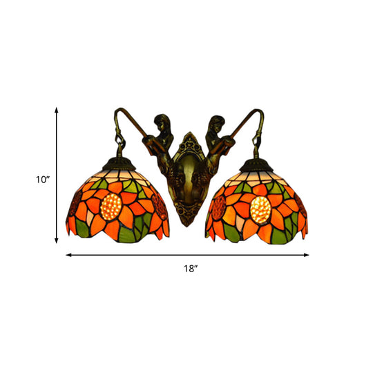 Tiffany Orange Glass Sunflower Wall Lamp With 2 Heads - Bronze Sconce Light For Bedroom