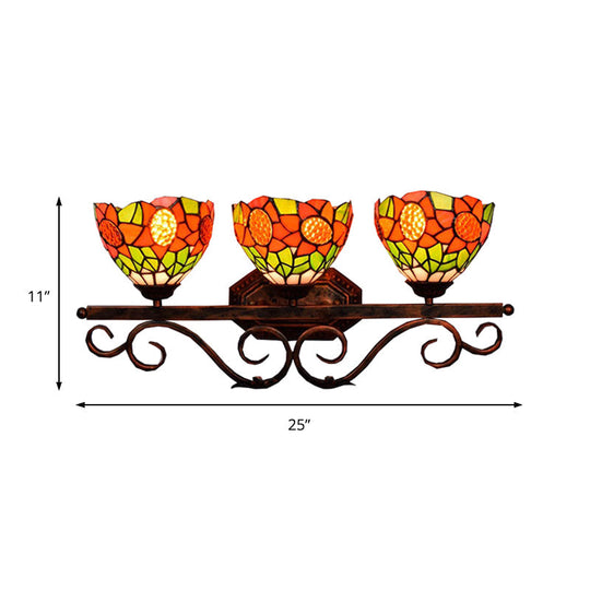 Baroque Orange Stained Glass Sconce Light With Sunflower Pattern - 3-Head Bowl Wall Fixture