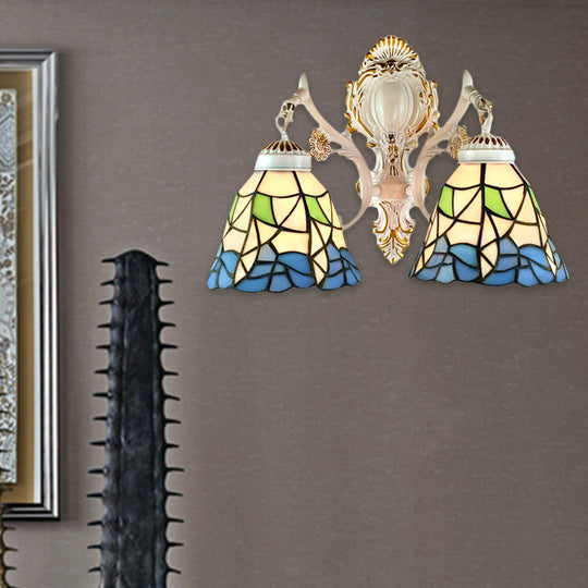 Stained Glass Flower Wall Sconce With 2 Bell Lights - Lodge-Inspired Fixture For Bedroom Lighting