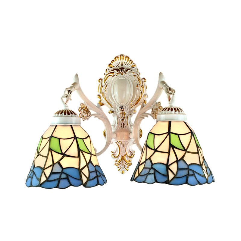 Stained Glass Flower Wall Sconce With 2 Bell Lights - Lodge-Inspired Fixture For Bedroom Lighting