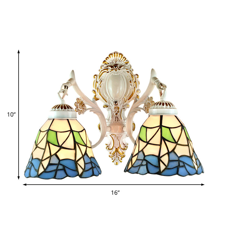 Stained Glass Flower Wall Sconce With 2 Bell Lights - Lodge-Inspired Fixture For Bedroom Lighting