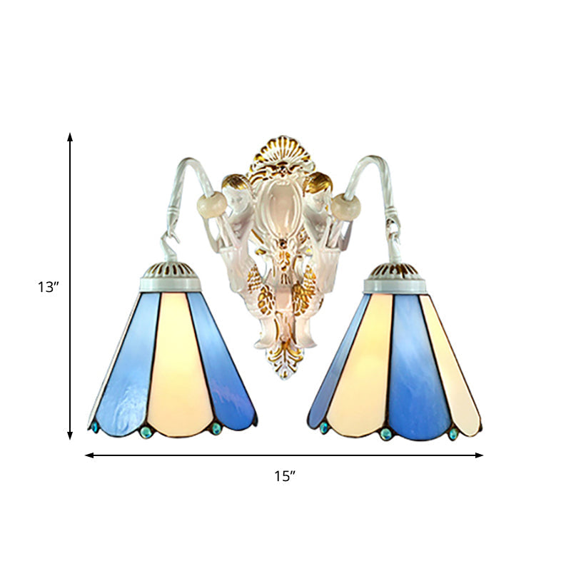 Mediterranean Wall Sconce With Blue-Beige Glass - Two Headed White Conical Design