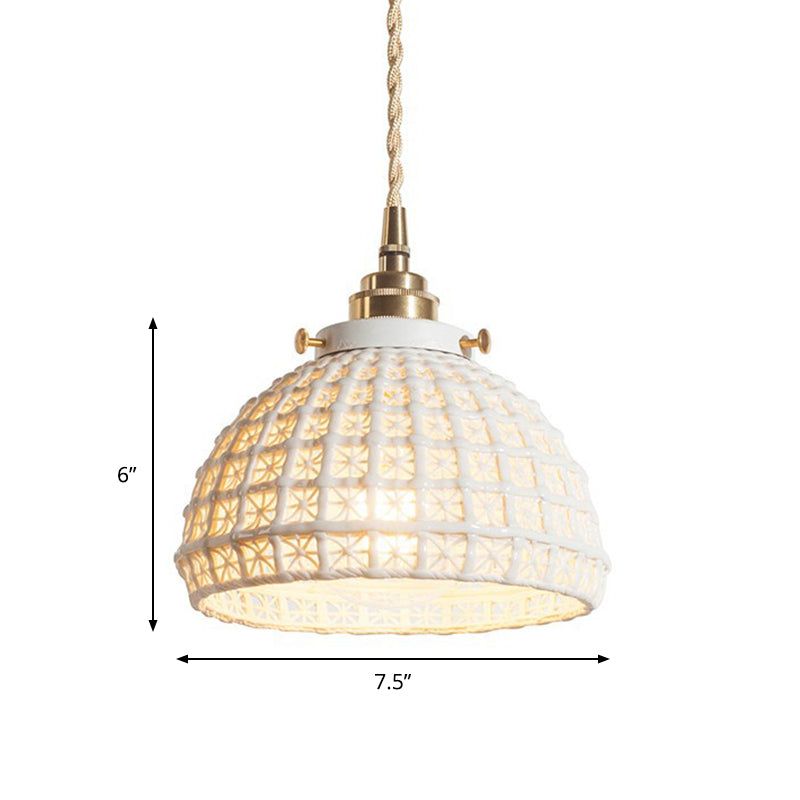 White Ceramic Domed Basket Pendant Lamp - Modern 1-Head Hanging Light For Kitchen Hallway