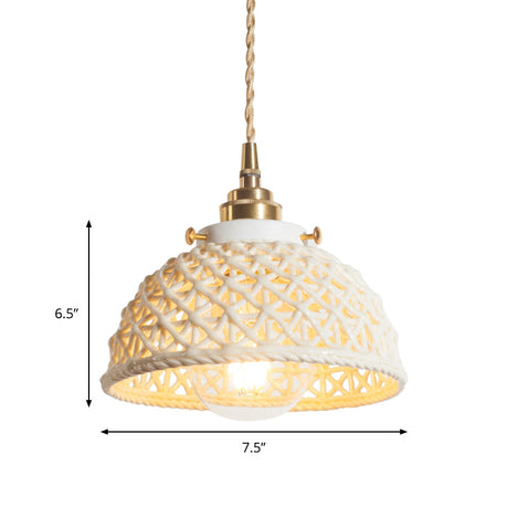 Modern Ceramic Domed Pendant Lamp - White Single Head Hanging Light For Kitchen & Hallway