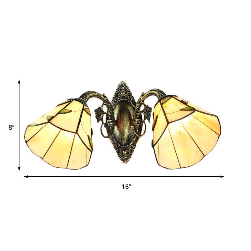 Vintage Industrial 2-Head Stained Glass Wall Sconce With Leaf Pattern