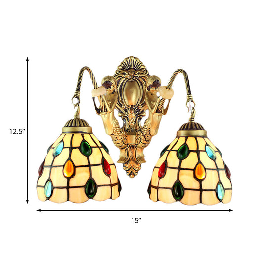 Jeweled Beige Glass Sconce Light: Elegant 2-Headed Brass Wall Mount For Bedroom