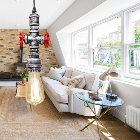 Vintage 1-Head Metal Pendant Light With Exposed Bulb - Antique Black/Silver Finish For Restaurant