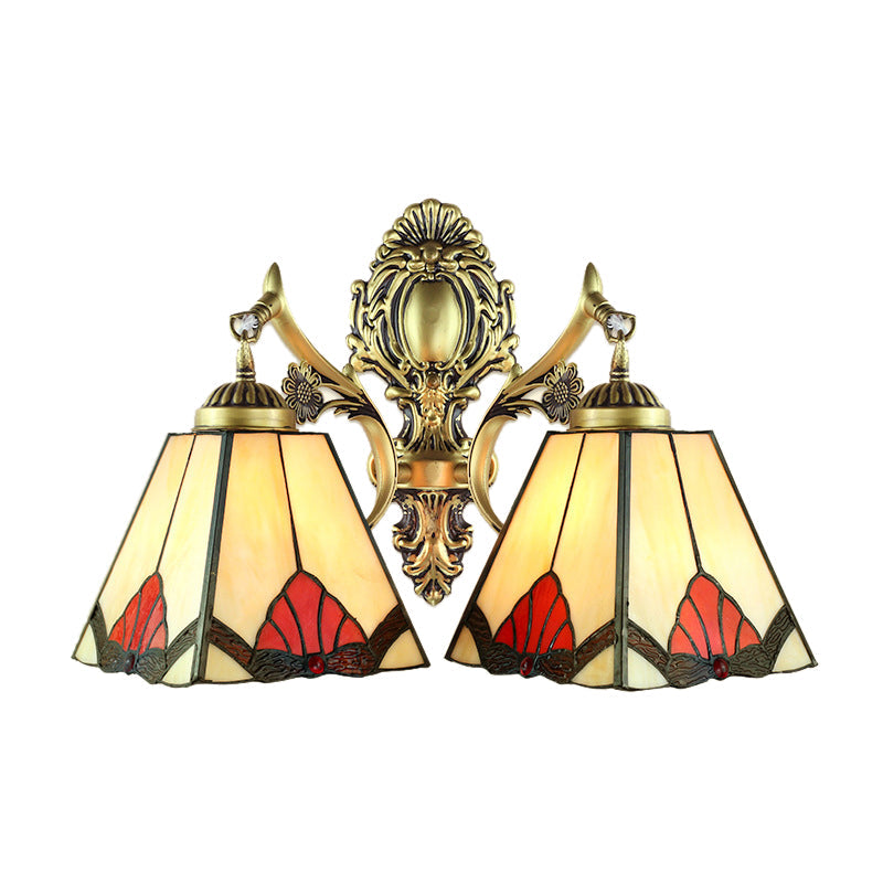 Retro Style Stained Glass Wall Lamp With 2 Heads - Beige Pyramid Fixture Light For Living Room