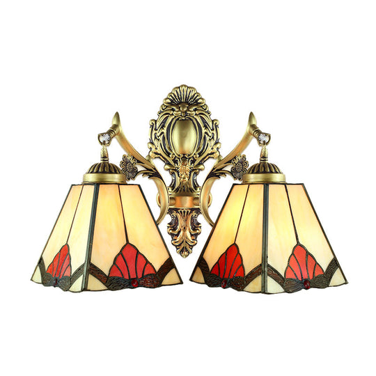 Retro Style Stained Glass Wall Lamp With 2 Heads - Beige Pyramid Fixture Light For Living Room