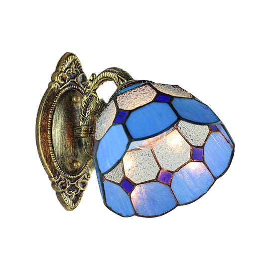 Blue Stained Glass Wall Sconce Tiffany Style - Scalloped Edged Lighting For Stairway