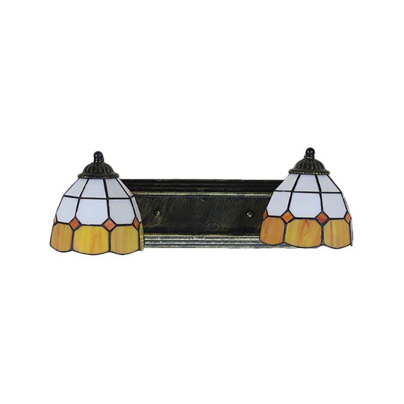 Baroque Yellow And White Glass Sconce Light With Grid Pattern - 2 Head Bronze Wall Mounted