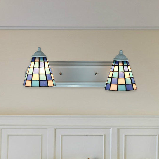 Blue Conical Glass Wall Sconce With Grid Pattern And 2 Heads - Baroque Style