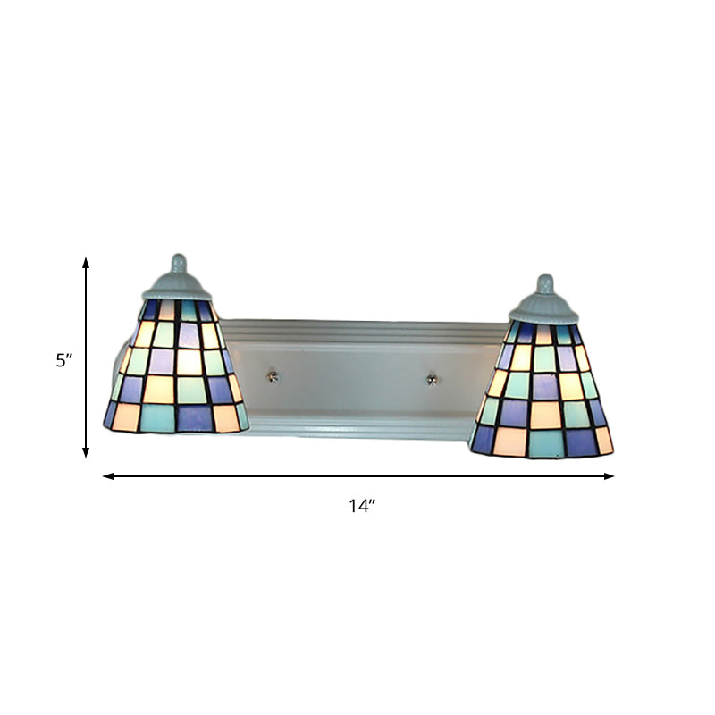 Blue Conical Glass Wall Sconce With Grid Pattern And 2 Heads - Baroque Style