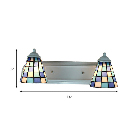 Blue Conical Glass Wall Sconce With Grid Pattern And 2 Heads - Baroque Style