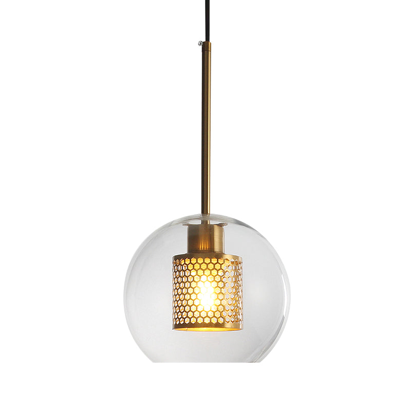 Sleek Orb Pendant Light With Mesh Cylinder Shade - Ideal Glass Hanging Lamp For Hallways