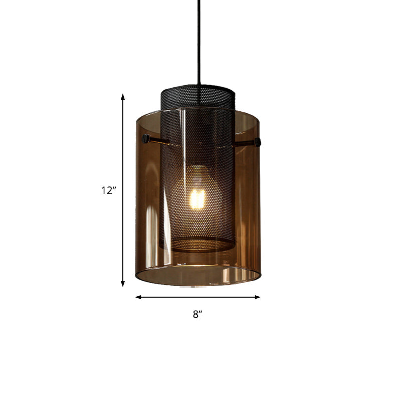Modern Amber Cylinder Pendant Lamp With Hollow Mesh Screen - Ideal Hanging Light For Kitchen 1 Bulb