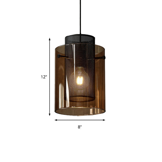 Modern Amber Cylinder Pendant Lamp With Hollow Mesh Screen - Ideal Hanging Light For Kitchen 1 Bulb