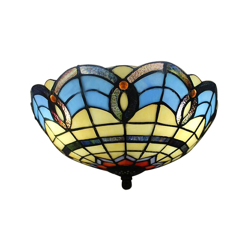 Retro Stained Glass 2-Light Flush Mount For Dining Room - Bowl Shade Light Fixture