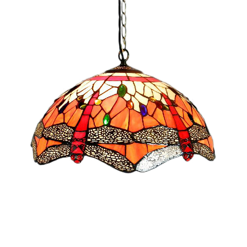 Dragonfly Ceiling Light - Orange Hand Cut Glass Victorian Fixture 2-Head Suspended Lighting