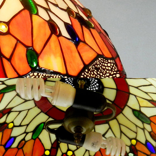 Dragonfly Hand-Cut Glass Ceiling Light With Victorian Style 2 Heads And Orange Finish - Suspended