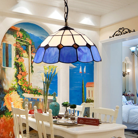 Tiffany Handcrafted Art Glass Ceiling Light: Domed Yellow/Blue 1 Head 12’/16’ Wide Blue / 12’