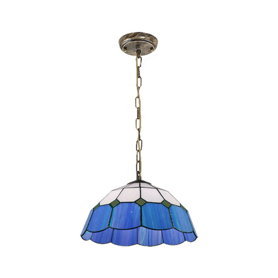 Tiffany Handcrafted Art Glass Ceiling Light: Domed Yellow/Blue 1 Head 12’/16’ Wide