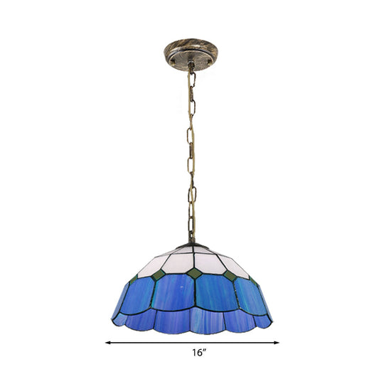 Tiffany Handcrafted Art Glass Ceiling Light: Domed Yellow/Blue 1 Head 12’/16’ Wide
