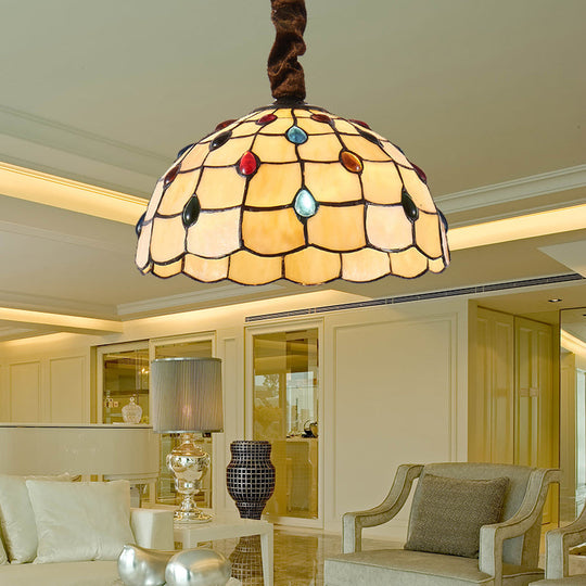 Tiffany Stained Glass Hanging Lamp - 12’ Or 16’ Wide Bowl 1 Bulb Beige Color Colorful Bead Accents /