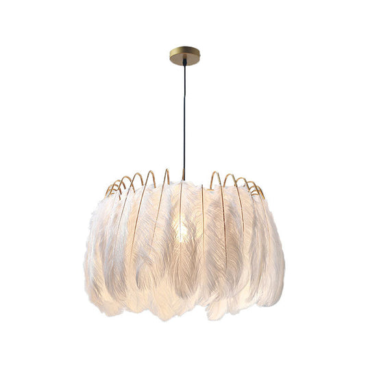 Romantic Feather & Metal Pendant Light For Adult Bedroom White 1-Light Drum Suspension