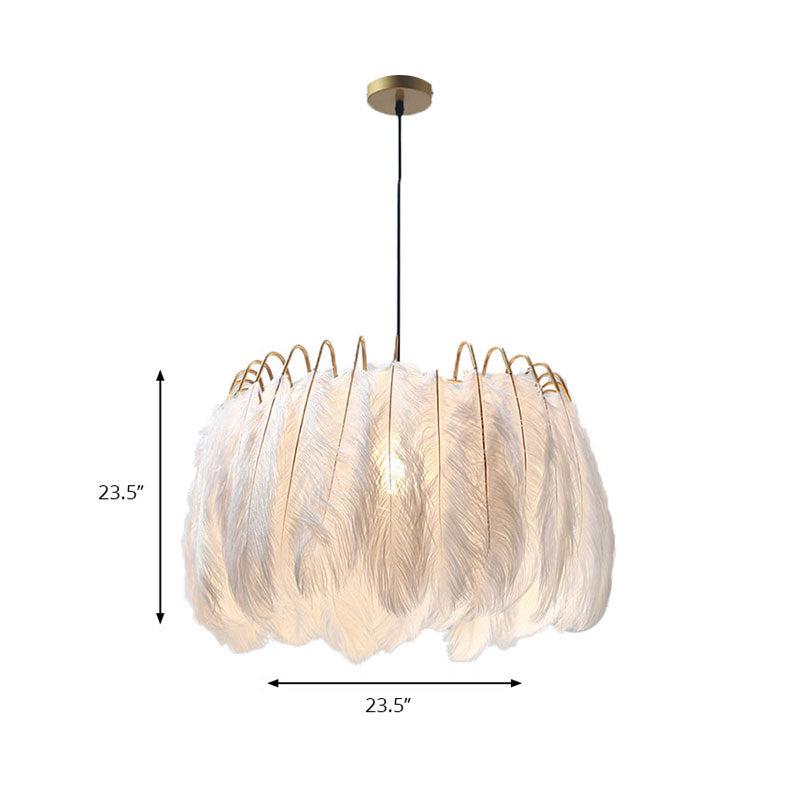 Feather & Metal Drum Pendant Light In White For Adult Bedroom - Romantic Suspension Lighting
