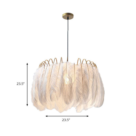 Feather & Metal Drum Pendant Light In White For Adult Bedroom - Romantic Suspension Lighting