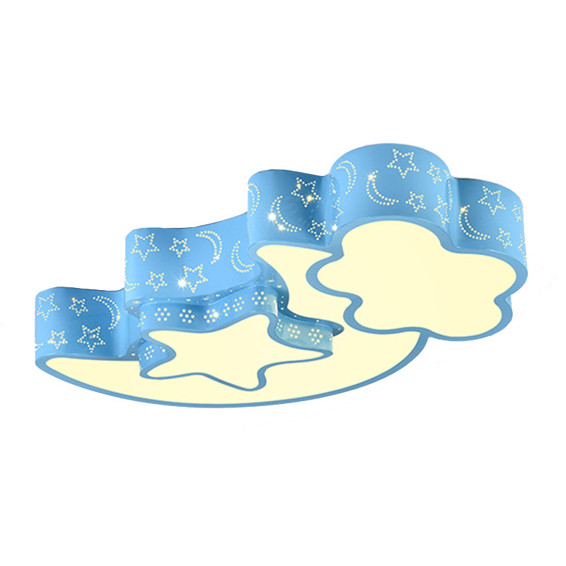 Contemporary Blue Moon Star Ceiling Light - Metal Flush Mount For Child Bedroom